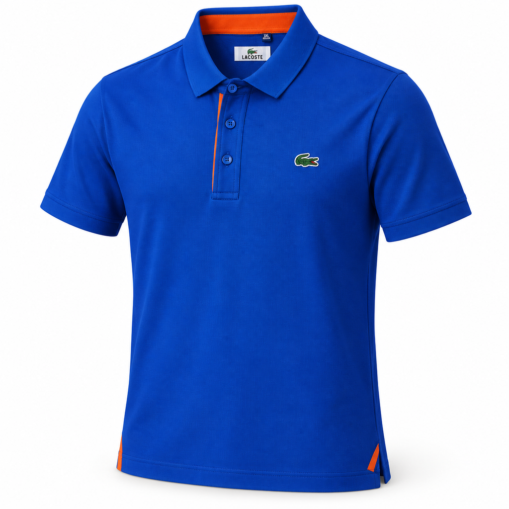 Polo Lacoste azul con detalles naranjas