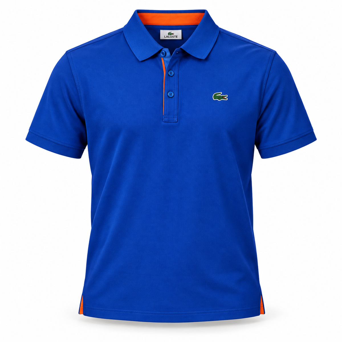 Polo Lacoste azul con detalles naranjas