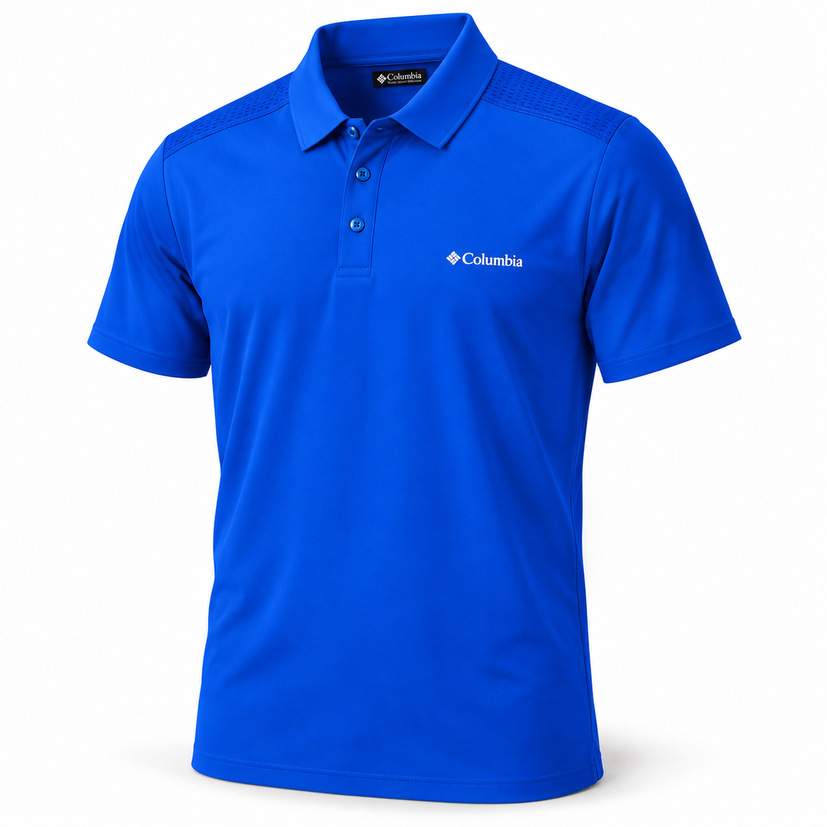 Polo Columbia azul con hombros texturizados